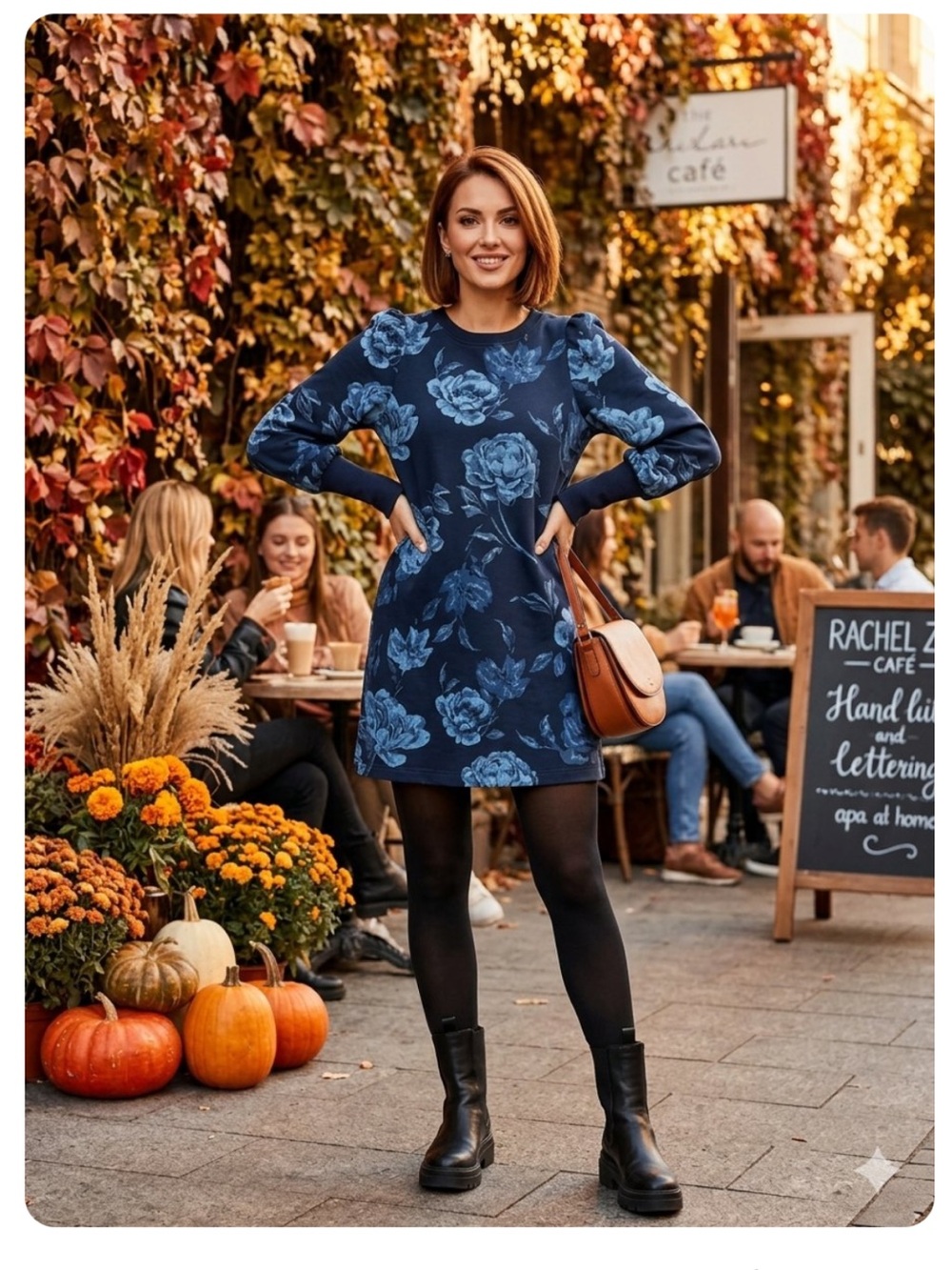 Rachel Zoe Floral Balloon Sleeve Sweatshirt Mini Dress Blue Black Sz M NWOT